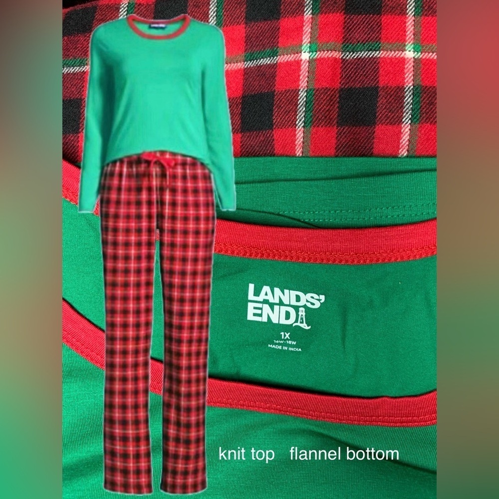 🔥LANDSEND WOMENS PJ SET Knit Tee Shirt Top & Cotton Flannel Pants
